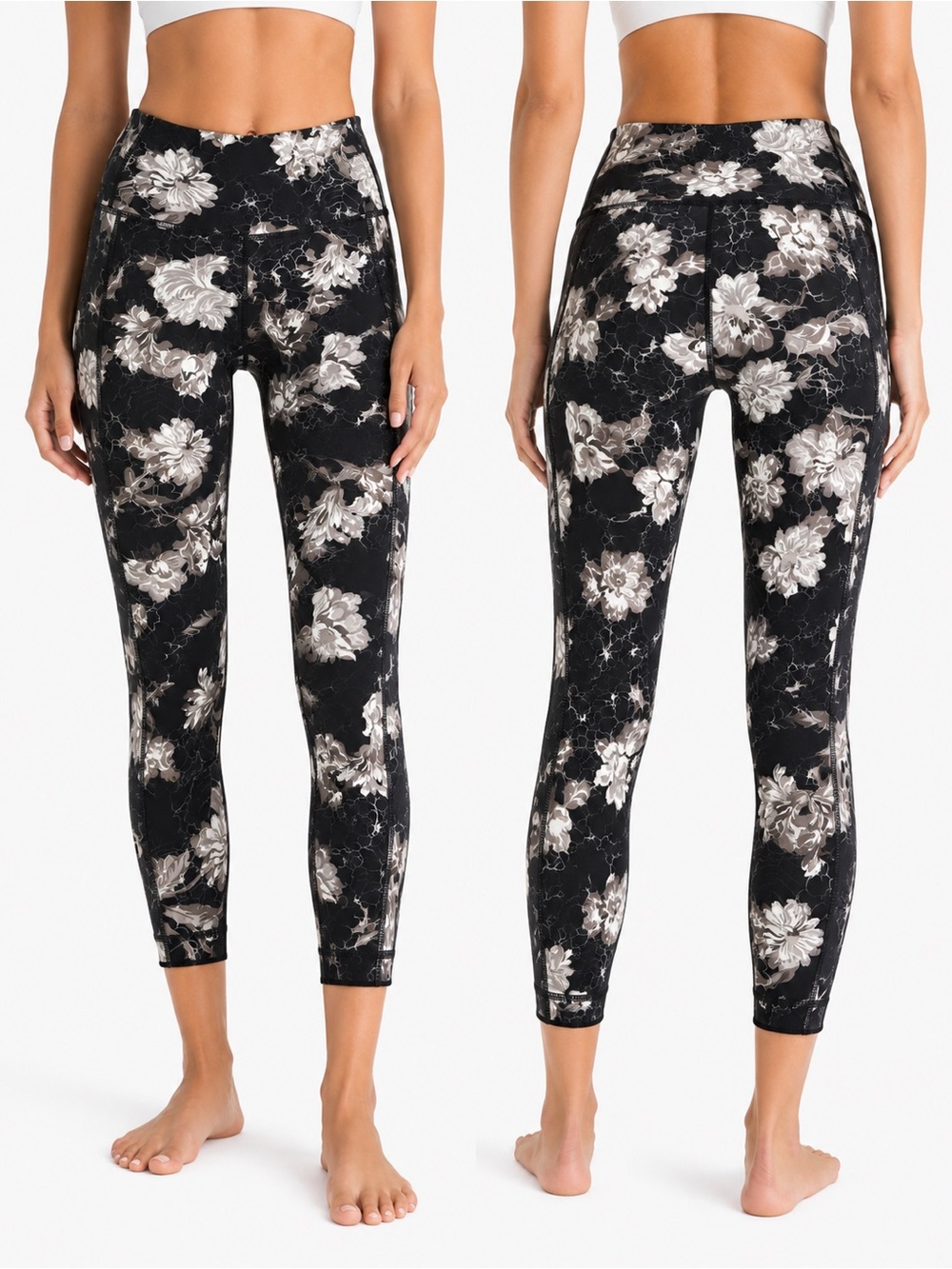 Joe Fresh Women’s Black & Grey Floral Active Leggings – Size XL/TG – High Rise W